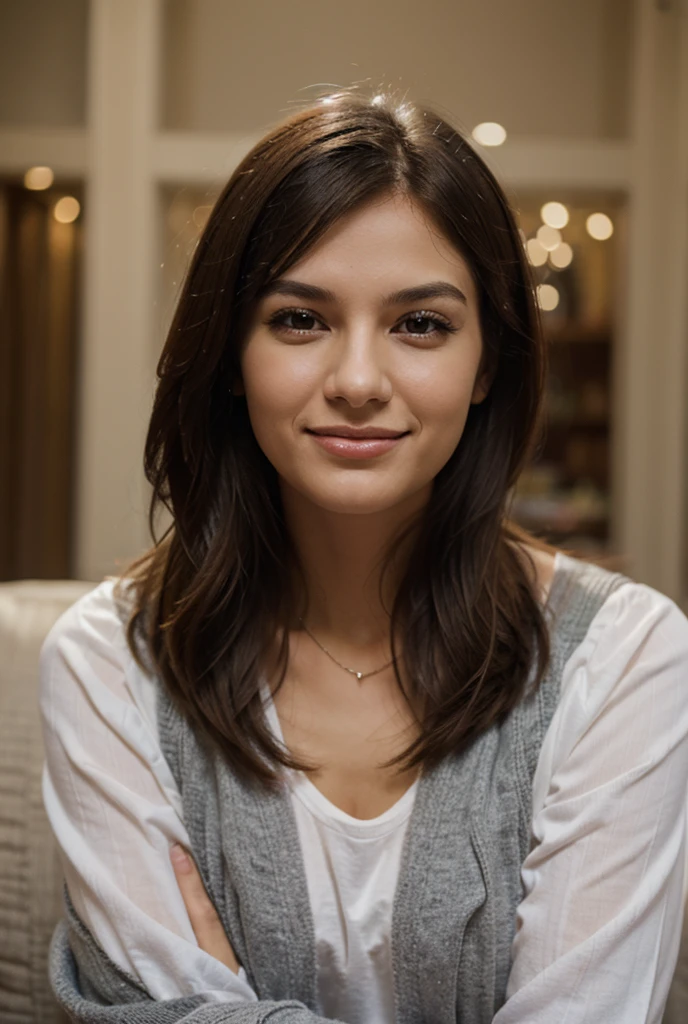 Belle brune portant un pull beige (dans un café moderne au coucher du soleil), très détaillée, 21 ans, visage innocent, cheveux ondulés naturels, yeux vert, résolution élevée, Chef-d'œuvre, meilleur qualité, détails complexes, très détaillé, mise au point nette, peau détaillée, Texture de peau réaliste, texture, Yeux détaillés, professionnel, 4k, Sourire charmant, filmé en Canon, 85 millimètres, faible profondeur de champ, Couleur Kodak Vision, corps parfaitement ajusté, extrêmement détaillée, photographier_\(ultra\), photoréaliste, réaListe, Post-traitement, Un maximum de détails, rugosité, vie réelle, ultra réaliste, photoréalisme, photographie, 8k euh, photographie, épaule nue, très-petit décolleté, sans sous-vêtement, Sexy, flirte avec la caméra, regarde sexy, regard directement la camera, visage dégagée, ne porte pas de sous vetements, téton visible sous tshirt,