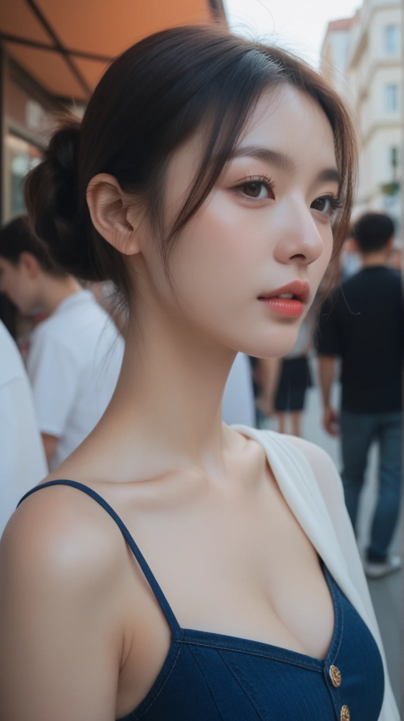 (((best quality))),(((ultra detailed))),(((masterpiece))),illustration,(1 beautiful girl,solo),(short ponytail:1.2),(sheer apron:1.2),((bare shoulder,bare arms)),((slim,thin)),((small breasts,flat chest)),shopping, market, meat, bustling,early morning,bright eyes, flushed face, lively appearance, energetic, vendors, calls, wares, plastic sheets, spices, haggling, examining, cuts, beef, stall, butcher paper, scale, kaleidoscope, colors, sounds, fruits, vegetables, animated, talking, joking, background, food stall, breakfast rolls, vendor, steaming, fresh bread, butter, early hour, energy, chatting, vibrant, chaotic, community,((night scene,outdoor)),(surrounded by crowded crowds:1.3),((from front,upper body))