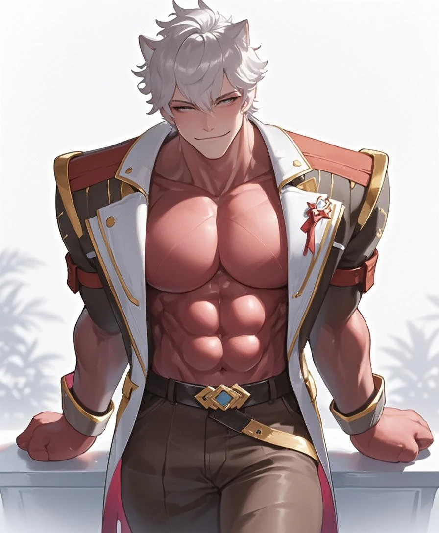 Highest image quality,male people,child,1 boy,Young and handsome,shoun,White color hair,Short flat top hair,Dark skin,anime big breast,anime wallpaper,Solo,malefocus,Briefs,Dilation of the pectoral muscles,Red cape,Bulging crotch,Urban background,spread their legs,Sexy,(Masterpiece, Best quality),Long white socks,Red Martin boots,