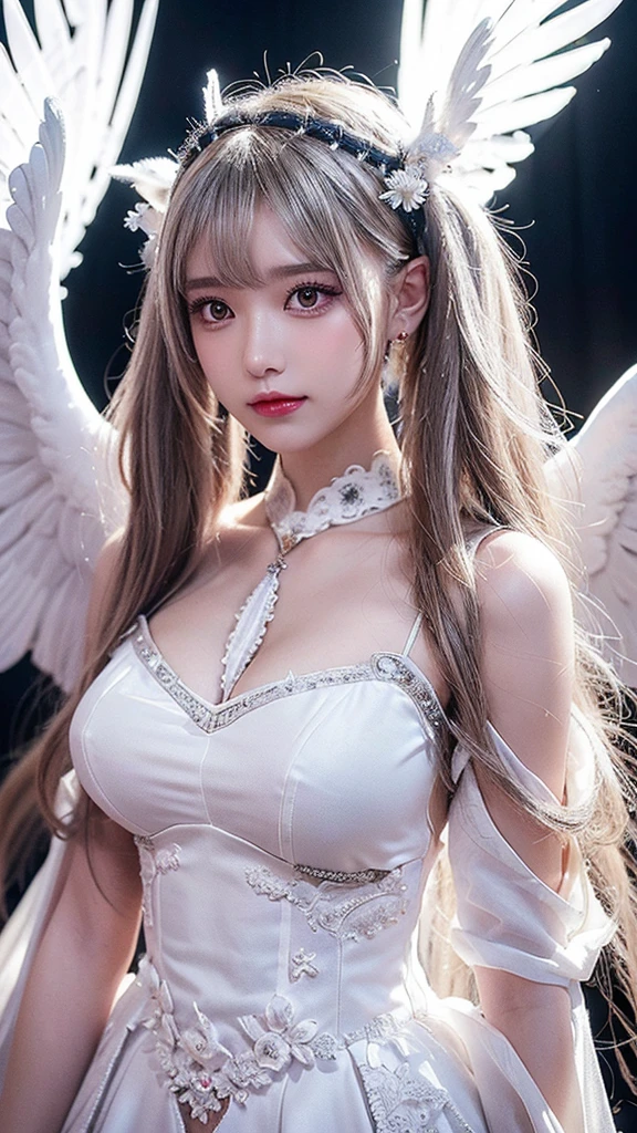 ((Only blue sky and clouds on background:1.8))、((sky ring of angels above your head:1.8))、((Stand on the clouds:1.5))、((cowboy shot:1.5))、((bangs:1.6))、((Photo from below:1.2))、((1 girl:1.8))、((solo:1.8))、break((slender body:1.2))、((Moderate:1.2,Cleavage 1.2)),break(Wearing a white fur coat:1.5,white tight mesh dress:1.5),break(large white angel wings on the back:1.5)、((Stand on the cloudsポーズ:1.5))、Photo from the front:1.5、8k wallpaper、Super high resolution,break((photorealistic stick:1.4)),table top,highest quality,perfect lighting,detailed lighting,dramatic light and shadow,ray tracing,break(perfect anatomy:1.4)、((looking at the viewer))、detailed face、detailed eye、detailed clavicle、skin that looks real、break(20-year-old)、((laughter:1.1))、((Silver semi-long:1.5,Braiding the head:1.3))、(aqua blue eyes、eyeliner、red lips)
