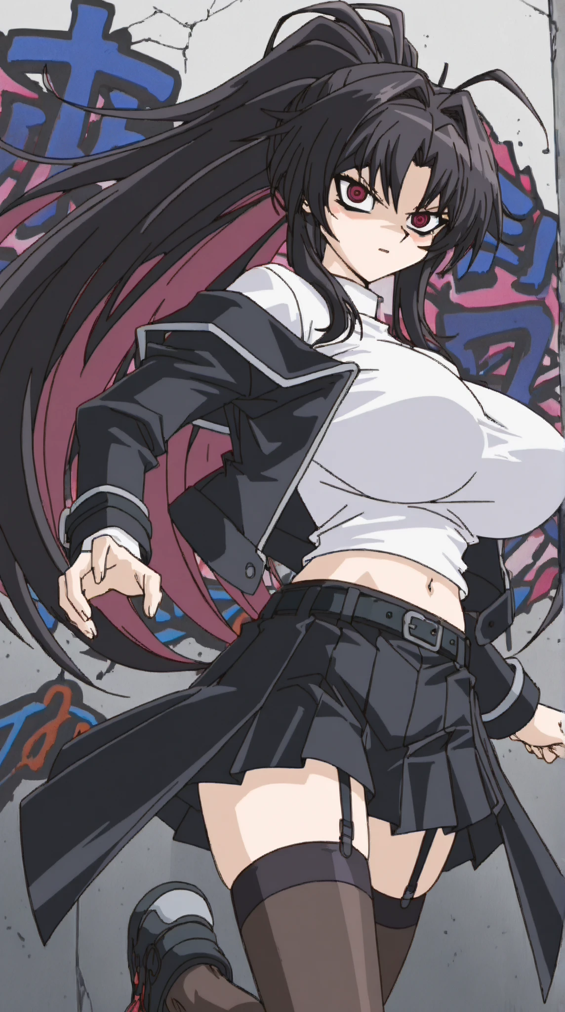 lumen reflections, natural lighting, evocative, triadic color scheme, cowboy shot, elegant, voluptuous:0.6, looking at viewer, 1girl, female, solo, blush, open mouth, smile, teeth, sfw, <lora:midnightMHA_NAI_v2-8:1>, midnightmha, boku no hero academia, purple hair, very long hair, blue eyes, body suit, white bodysuit, trim, black trim, black trim on bodysuit, corset, breastless corset, black breastless corset, thigh highs, purple thigh highs, (domino mask), handcuffs, belt, red belt, garter straps, black garter straps