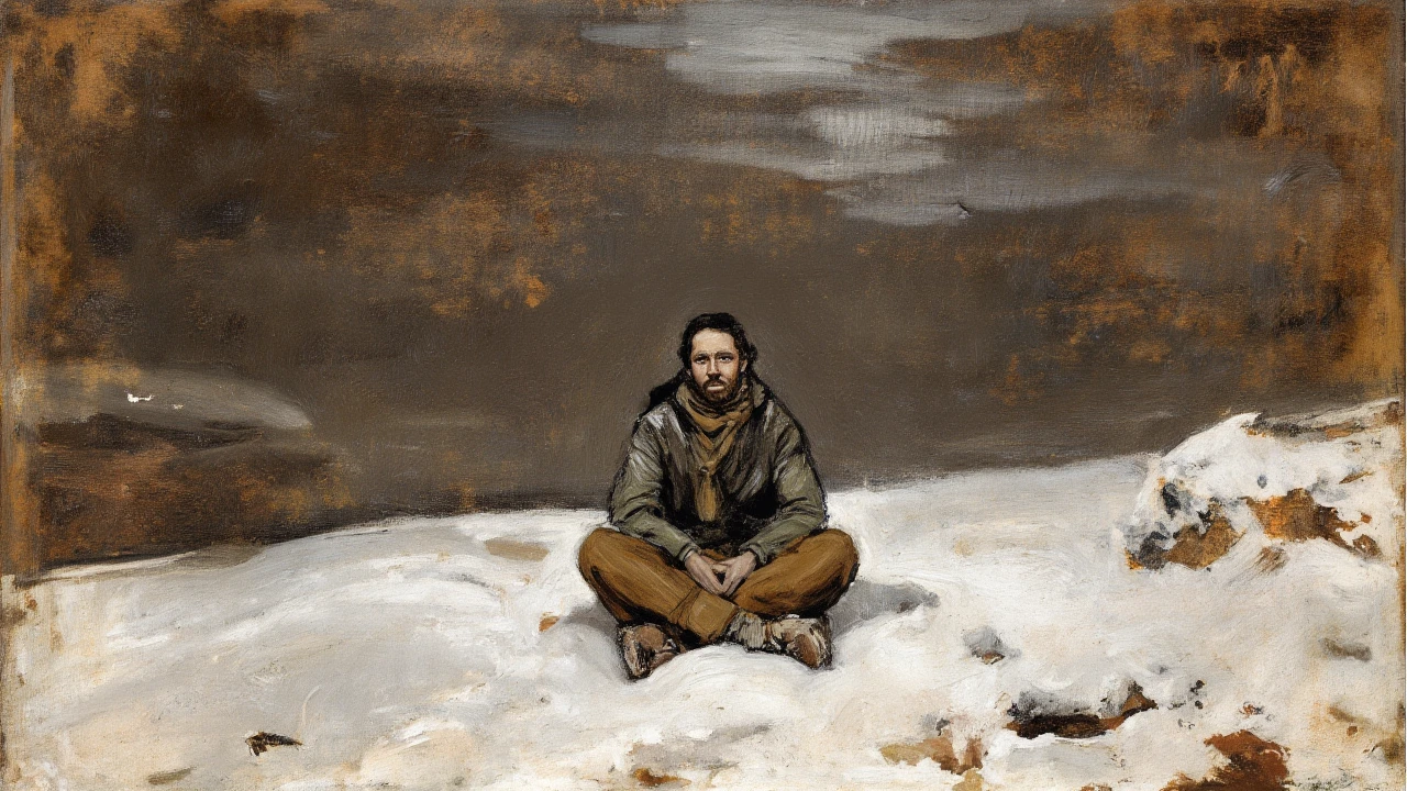 Digital reimagining of Mona Lisa, male subject with full beard and military-style buzzcut, wearing tight black baby tee, Renaissance portrait style, seated three-quarter view, enigmatic Mona Lisa smile, hands folded in lap, atmospheric sfumato background with classic winding paths and misty mountains, warm muted color palette contrasting with stark black shirt, hyper-realistic facial features, intense gaze following viewer, strong jawline accentuated by short hair, high and visible forehead, muscular build evident through tight shirt, oil painting texture on digital medium, balanced composition in 77 x 53 cm ratio, juxtaposition of 16th century technique with modern military haircut and contemporary fashion, detailed beard texture contrasting with ultra-short hair, slight sheen on tight shirt fabric, subtle shadow play on scalp and face enhancing buzzcut appearance