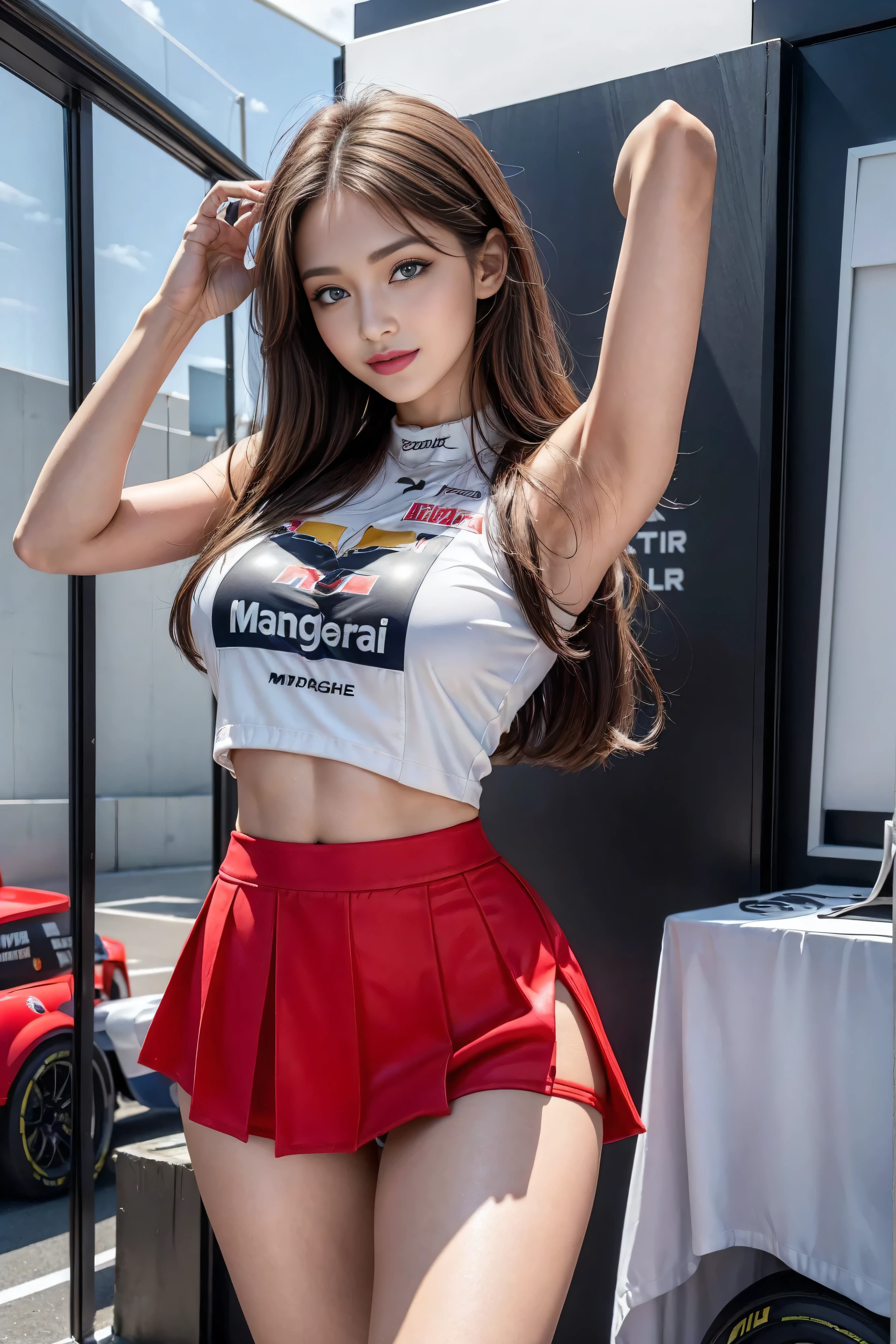 (((One Shoulder Mesh Girls Outfit))),(((dynamic poses))),(((midriff peek))),(((Show lower chest ))),(((miniskirt lift))),(((Bare inner thighs))),(((Showcase Formula 1 cars))),ulzzang-6500-v1.1, (original photo:1.2), (Photorealistic:1.4), a beautiful and delicate girl, Extremely detailed eyes and face, Beautiful and delicate eyes, Super detailed, high resolution, top quality, Masterpiece, Very detailed, 8k wallpaper, wonderful, fine details, top quality, There is light on the face,light,1 girl in,(Car track),beautiful eyes,Smile,open mouth