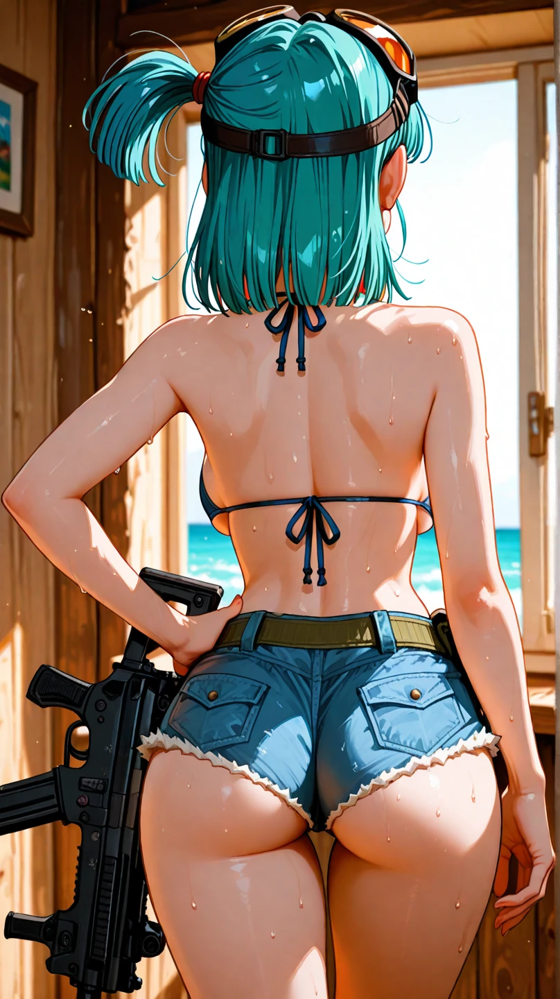 インペリアルガード戦闘服Swimwear, o-ring bikini, V Gundam, Swimwear, Absurd, High resolution, alone, Cowboy Shot, One girl, Nomad Nibble \(Cosplay\), Wristband, headphone, holster, Backpack, Possession of a gun, aim, Perfect hands, Wind, (High resolution,Highest_quality,masterpiece), Large Breasts, Huge breasts, Blue Hair, blue eyes, short hair, From the back, Butt, From behind, looking From the back, view From the back