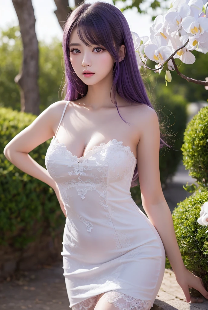 (realistic:1.1), a girl white dress showing off large breasts and purple hair, 1girl, breasts, raiden shogun, mole under eye, solo, jewelry, braid, purple eyes, mole, long hair, cleavage, earrings, hair ornament, dress, purple hair, looking at viewer, bag, choker, white dress, flower, hair flower, holding, bare shoulders, bangs, bracelet, off shoulder, large breasts, purple choker, blush, very long hair, purple flower, see-through