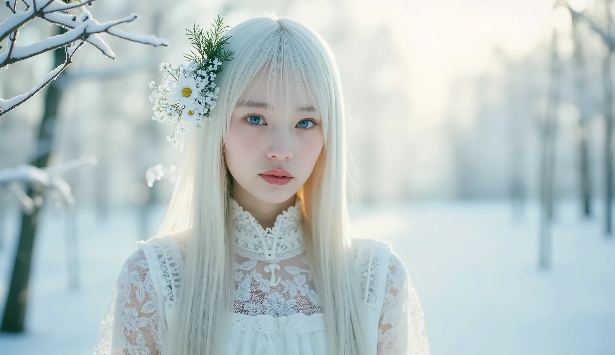 a Seraphim woman. She has fair skin, pure white knee-length hair, And blue eyes. wears a floor-length Victorian gown.