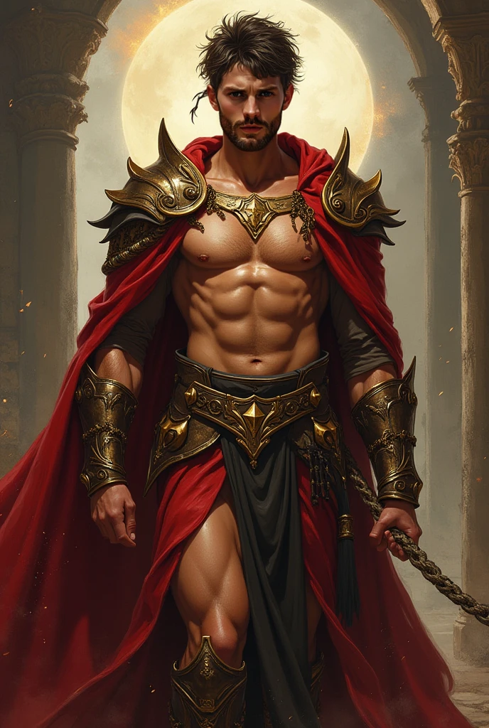 Handsome Brazilian man. Hero outfit. Brown Color outfit. Logo in outfit: souls .with hood and cape. No top. Lean