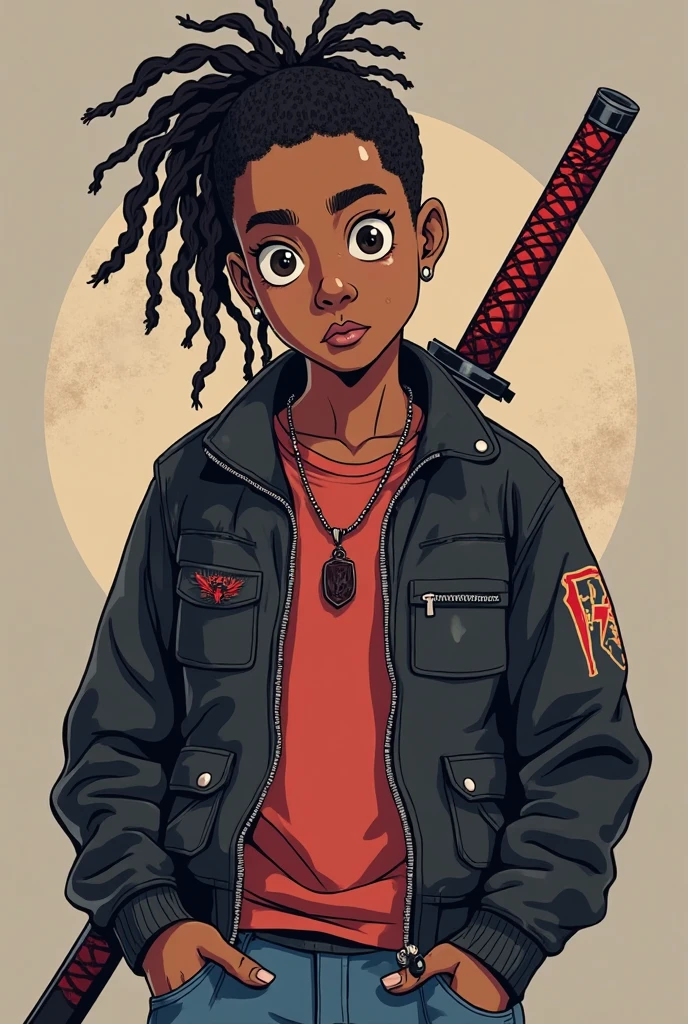 generate a dark skinned character with light skin tone, short straight hair with slight waves and dark, must be modeled in the style of 1980&#39;s drawing , he will be holding a baseball bat with bloody nails, his outfit should be a green kangaroo-style hoodie and dark orange pants, add light and shadow, the background should be dark gray 
  