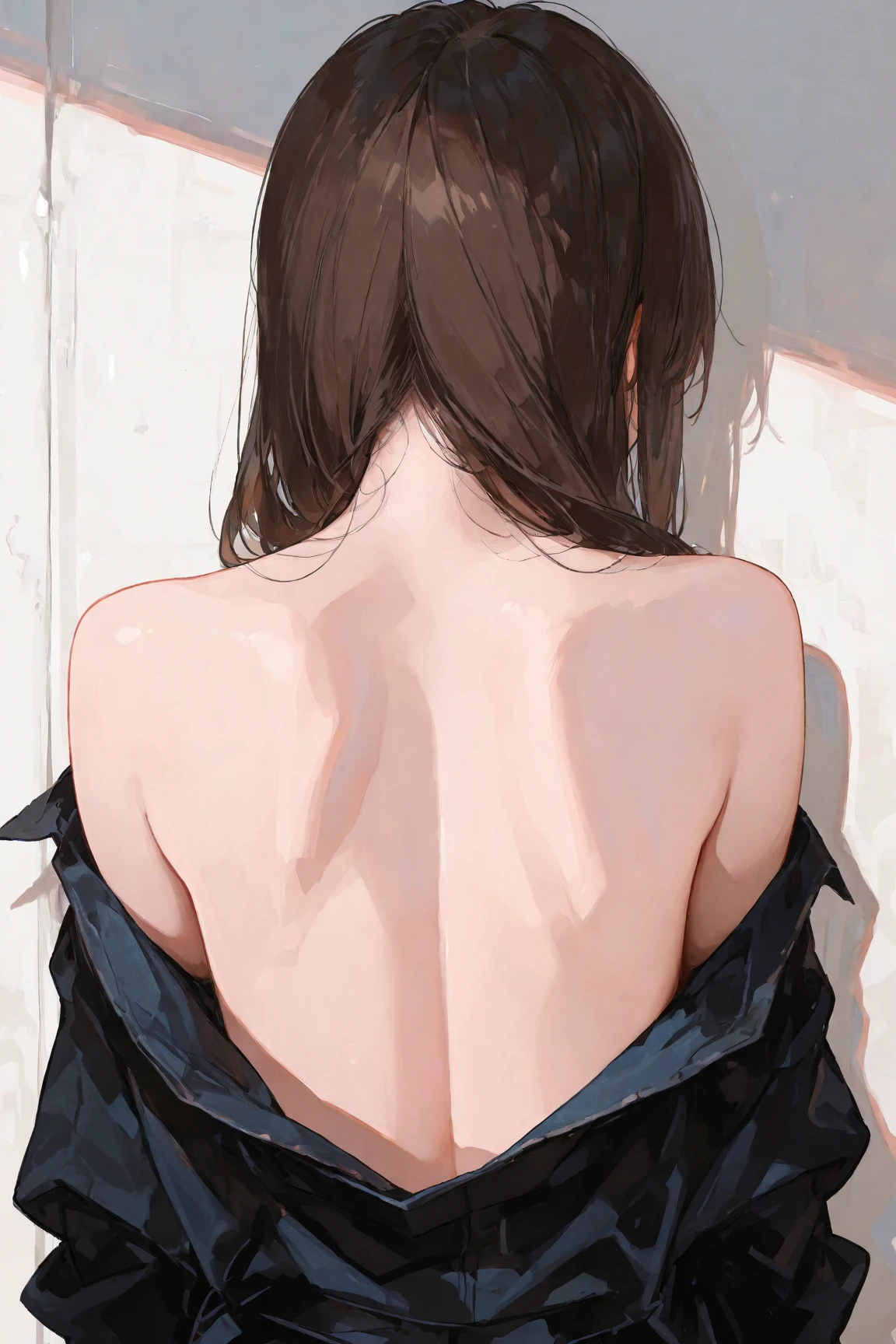 ((1 girl)), ((1 girl and 1 boy are having sex)), penis, 1 face, standing doggy style, (from behind), looking back, (girl in skinny tight navy jeans), (long jeans), (navy jeans), slim, slender, 17 years old, (short bob cut), ((black hair)), nose blush, full opened eyes, round mouth, drool, orgasm, (topless), ((pink nipple)), penis in pussy, cum in pussy, (((embarrassed))), hard sweat, big ass, ahegao, detailed face, blue eyes, pink apron, lean on wall, Asian