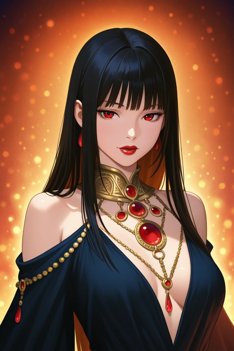 pale skin, violet eyes, perfect skin, fair skin, (solo), long silky black hair, makeup, create an image of a fantasy character wearing a fantasy robe, Medium breasts:1.2, (Compressed chest:1.3), necklace, character in the middle, standing, (well-proportioned curves)