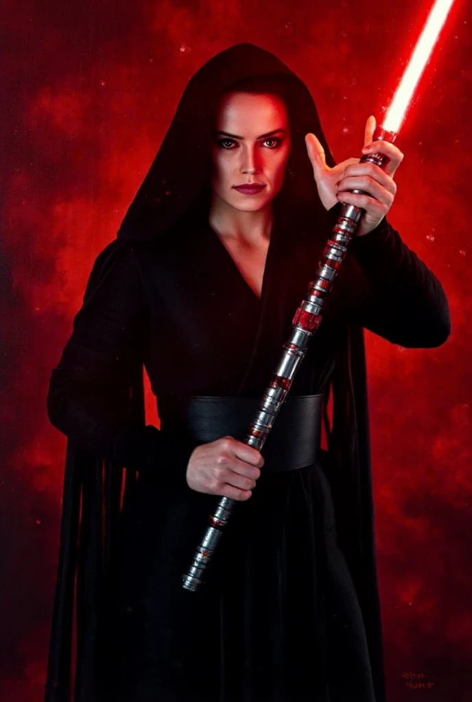 a dark sith lord,female sith lord,woman in dark robes,woman with red lightsaber,woman with intense glowing eyes,woman with intimidating presence,woman with strong facial features,woman with powerful aura,high detailed cinematic lighting,dramatic rim lighting,vivid colors,dark moody atmosphere,(best quality,8k,highres,masterpiece:1.2),ultra-detailed,(realistic,photorealistic:1.37)