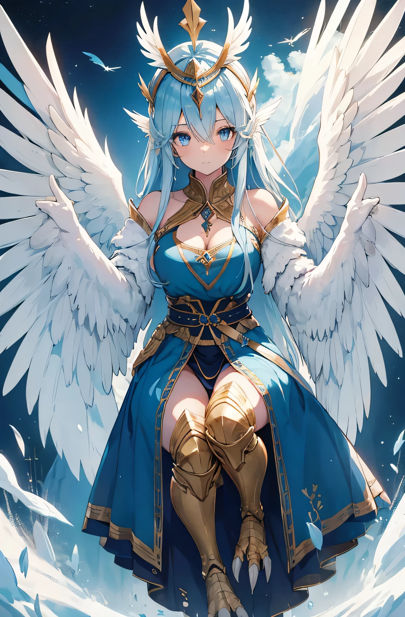 4k,High resolution,One Woman,harpy,White blue hair,Long Ponytail,Braid,Big Breasts,White Wings,Golden toenails,China dress,Medieval village