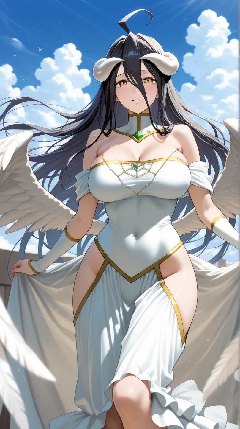 (best quality, high resolution, Textured Skin, high quality, High Detail,Extremely detailed CG unification),dynamic angle,angel blue wings,red dress,medium breast,grey eyes,hinata/(naruto shippudin)/,grey eyes,no pupil,side boob,hot,sky background,long hairs,fit body,princess dress,dark blue hair,smiling,seductive smile,detailed picture,high detailing,wedding dress