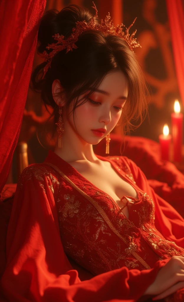 （Ultra-realistic 8K CG：1.2）, Perfect artwork, delicate patterns, Complicated details, Heavy makeup, （Unbeatable masterpiece, Best quality at best：1.2）, （extremly intricate：1.2）, A beautiful cyberpunk woman, A woman in a red and gold dress, （Bare legs1:1.2）, Phoenix crown, hair stick, （sitting on red bed）, cosmetics, Be red in the face, is shy, black_Hair, looking-down, cosmetics, （forehead dot）, （2 red candles）, Chinese_clothes, curtain, 耳Nipple Ring, Hair_decorations, Hanfu, inside in room, jewely, rednails, Long_Sleeves, reddress, Redlip, nipple tassels, （Red quilt）, （red palace：1.2）, （Chinese Ancient Architecture）, （rot：1.8）, natta, black hair, braided ponytail, bokeh, Canon, first-person view, pov, cowboy shot, masterpiece, anatomically correct, super detail, high quality, highres, 16k