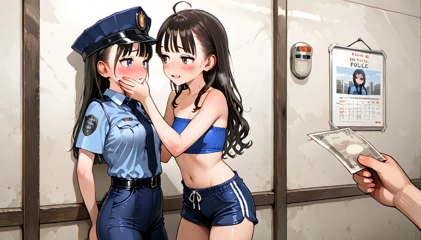 realistic, 1gril, per HD, 12k, slim body, rather big body, six pack body, big round breasts, uniform police girl clothes, beautiful breasts, looking at the camera, crawling on the dildo, long black hair, facial details, detailed person, body details, hair details, breast details, vagina details, eye details, sweat details, water details, pose (Masturbating with 3 girls) whole body, klimaks masturbating, perfect masturbating, stay in police office, lesbian, licking dildo, klimaks face masturbating