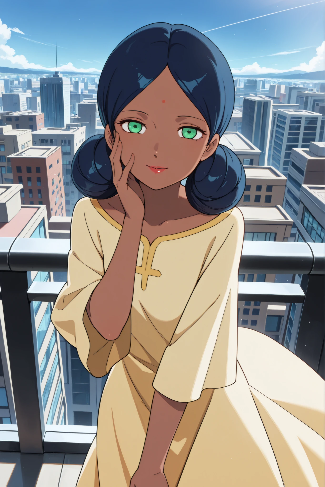((masterpiece, absurdres)), best quality, amazing quality, newest, 4k, anime coloring, very aesthetic, ray tracing, Smooth Quality, CG, source_anime,
city view,lalah, 1 female, dark skin, double bun hairstyle, blue hair, green eyes, red lips, forehead mark, yellow long dress,smile,hand on own face