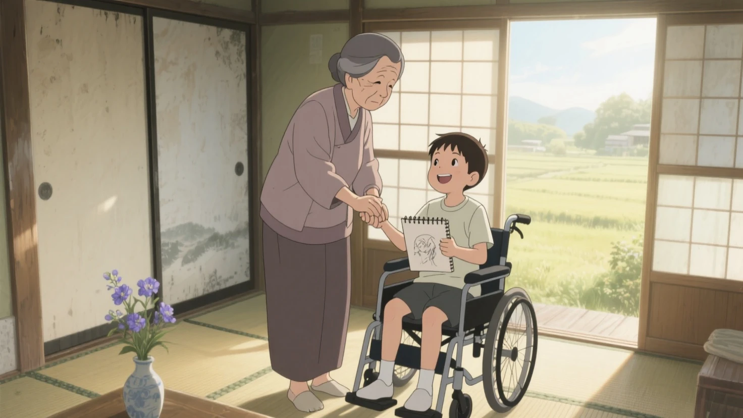 The anime shows an old woman wearing blue aprons and white pants with gray hair sitting on the steps of her house doing flower arrangement in several pots next to it. A around five years old stands beside her holding flowers. There is also one kitten by her side. The background features wooden buildings and plants, creating a warm atmosphere. In the style of Hayao Miyazaki, the "View from presents" book cover depicts the scene in a warm and inviting style, with the characters dressed casually in suitable for the setting 16:9