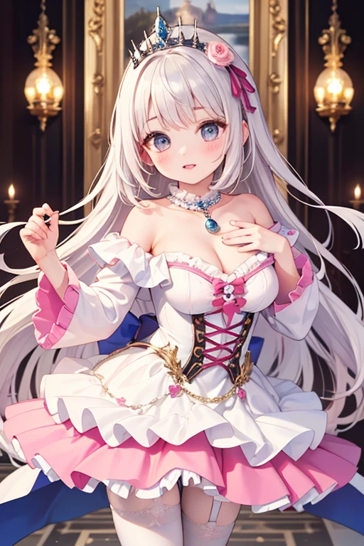 masterpiece,highest quality,Highly detailed face,Fine grain,Sparkling eyes,Highlighted eyes,Medium chest,pretty girl,smile,Cat ear,Beautiful silver hair,Pink inside,Beautiful pink eyes,dress、Waterfront