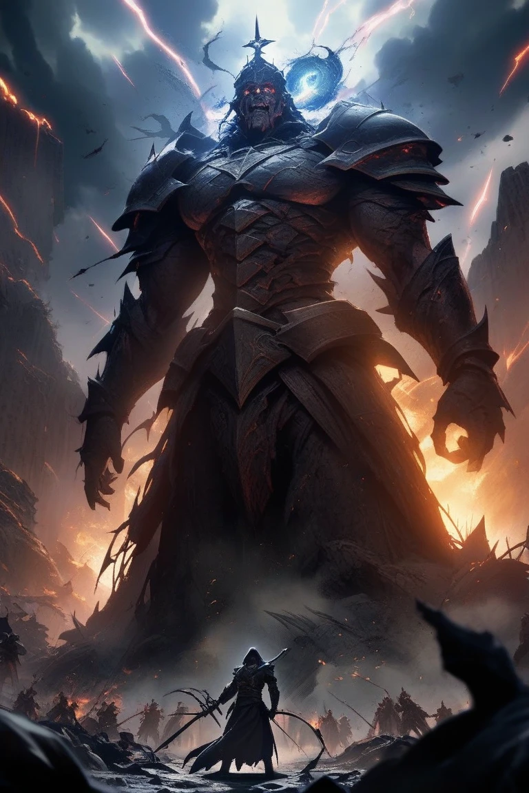 (Ultra detailed), (masterpiece), (best quality), (very detailed CG unit 8k wallpaper), (extremely wide shot), ((a boss inspired by Elden Ring)), elden ring, (battle arena), fantasy, (black crown on head), dynamic pose, ruins, (floating sparks:1.2), male, male anatomy, conceptual art, dramatic, cinematic, highly detailed, stylized wallpaper