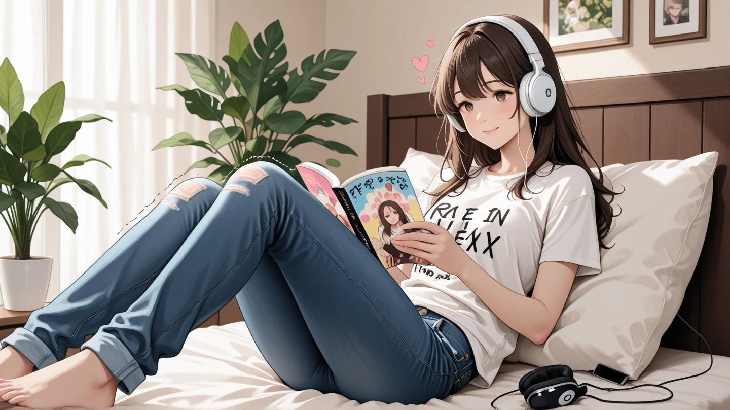 A girl is sitting in front of a laptop in a room。A laptop display shows several windows。She has pink headphones on her head.。You can see the profile。She is wearing a white camisole and blue shorts.。Outside the window is the summer sky、It's the sea。There is a bed and a white cat is sleeping。There is a retro electric fan。Please draw the fan blades clearly.。There are various photographs on the walls of the room.。The window was empty.、The wind is blowing。The girl&#39;s hair is fluttering slightly.。Please generate an anime-style illustration.。