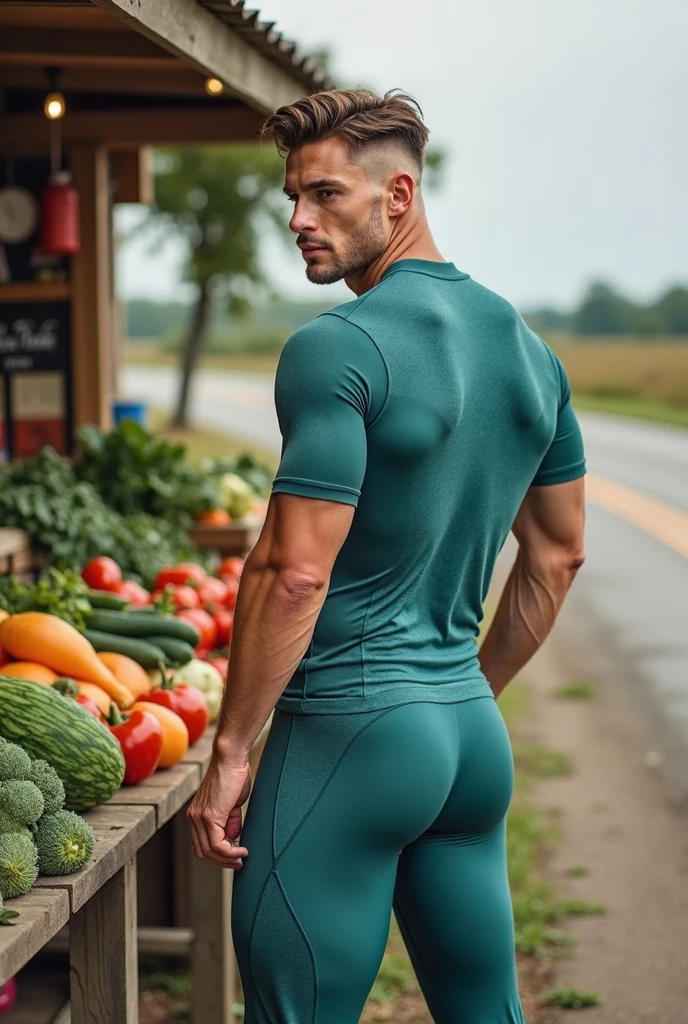 JordanBrandt, 45yo, short mustache and beard, wearing a t-shirt and white lycra, big bulge, at the farmers market, backside
