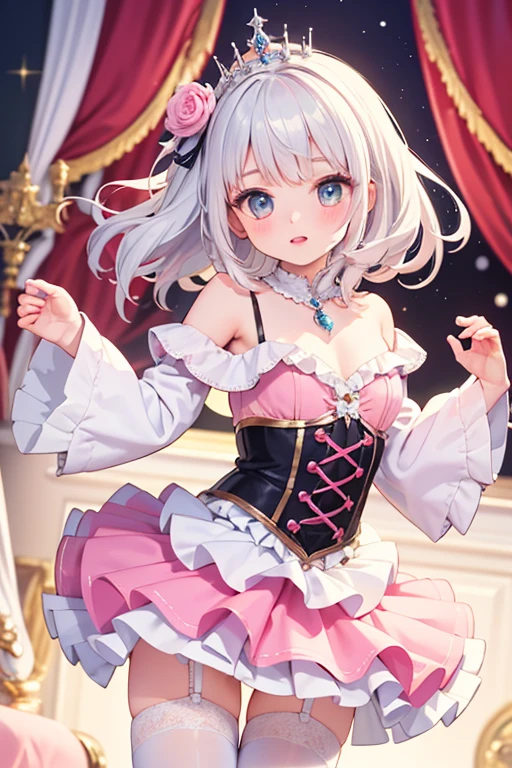 (A Masterpiece)、(Top quality anime illustrations)、(ultra definition)、a 1 girl、solo、、Beautiful girl with silver hair、Anime Loli、Cat eared loli、Idol、seethrough、Sleeveless、smiling smile、Cleavage emphasis、Lower milk emphasis、thights