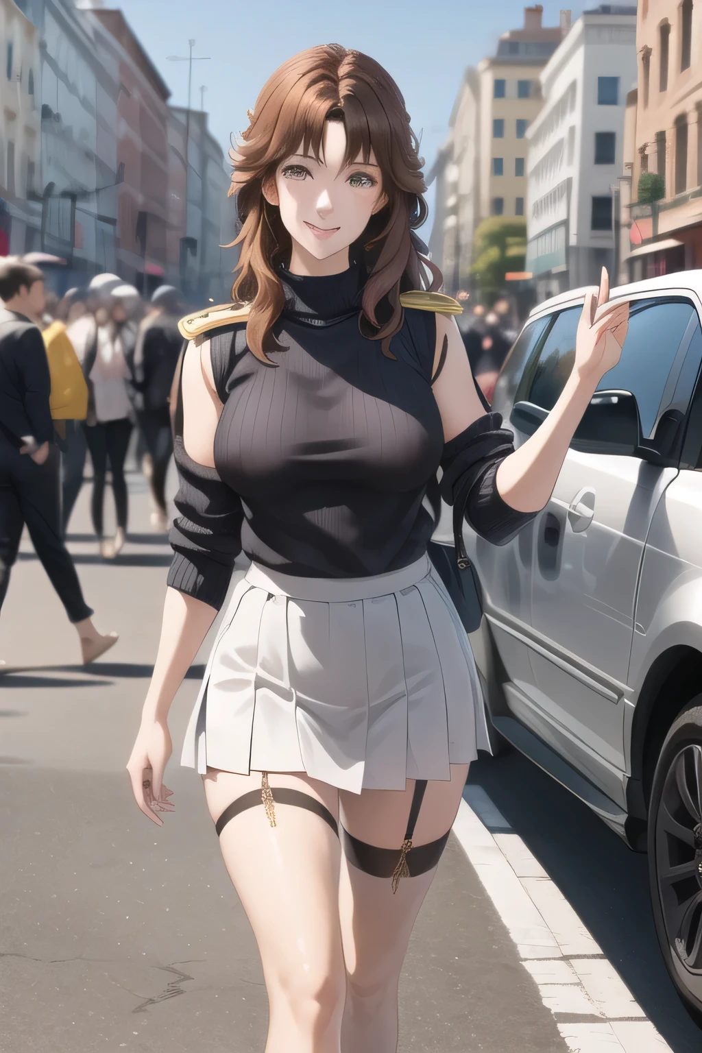 nice smileの女性，can you draw a woman with long black hair，Her nipples are pointy and visible through the wet，wearing miniskirt police uniform，Hide your chest with a costume，Two high long high socks on the foot，accurate depiction of hands and feet，，Beautiful Legs,I'm wearing long socks with a garter belt，，nice smile，face is absolutely necessary，Pleated Miniskirt，   ，Walking Alone，                   city tour                   ,，（I'm wearing light casual clothes）））， ,（Let's draw a more delicate look），（sleeveless wool sweater），（ Pleated Miniskirt），（One person is enough for that job） ,                                   big black wavy hair, ,   Big breasts, Thin Waist ， ,   ，Faces are very important，