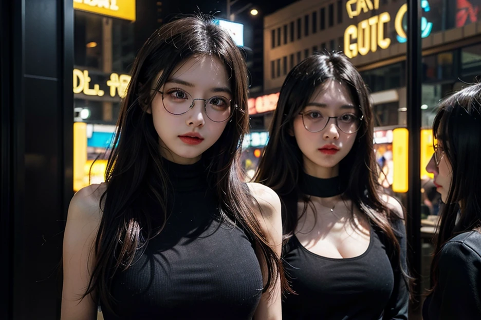 (8K、RAW photography、top-quality、tmasterpiece:1.2)、(hentail realism、Photorealsitic:1.37)、ultra - detailed、超A high resolution、1 rapariga、see the beholder、beautifull detailed face、A smile、shrinks、(Slim waist) :1.3)、short cut、beautiful detailed skin、Skin texture、Floating hair、Professional lighting、Wait for the platform train、(Black-framed glasses 1.3)、full bodyesbian、Brown hair, conjoined_dicephalus, (two heads:1.3)