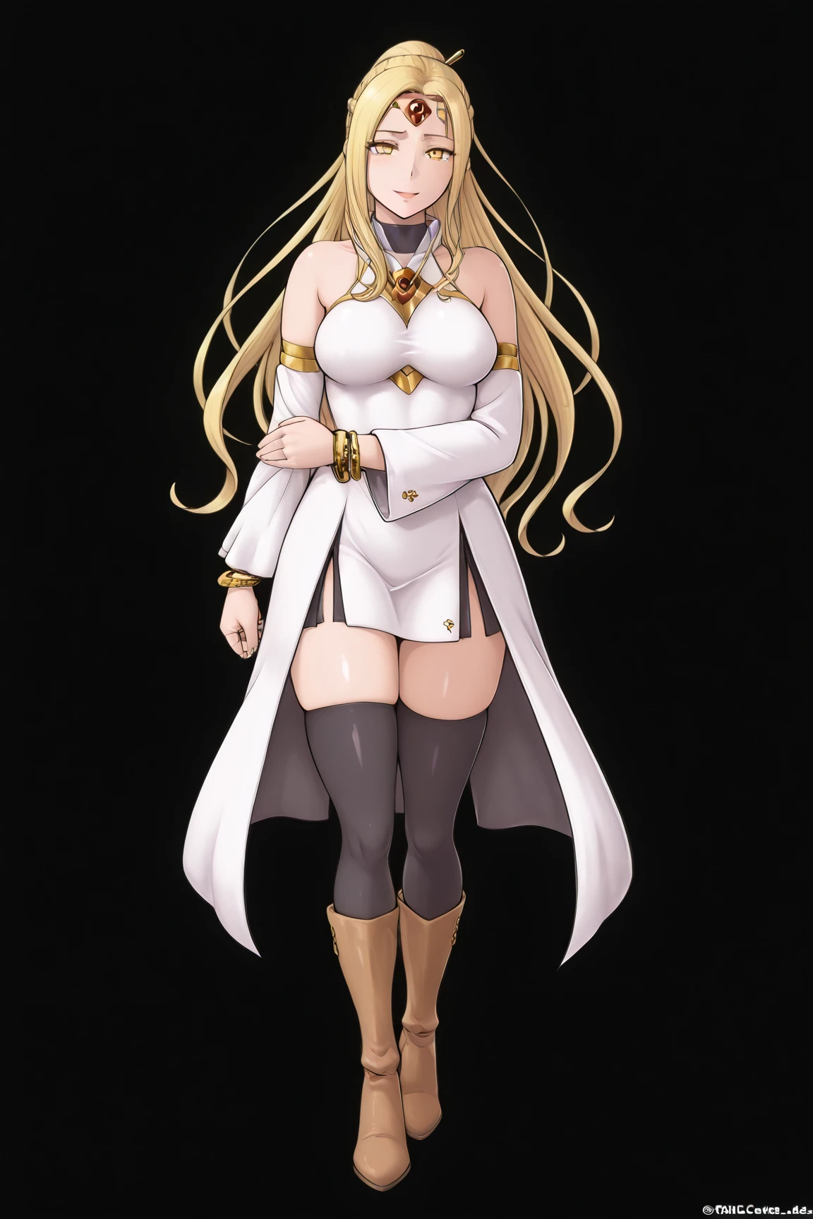 masterpiece, best quality, smile, 1girl, solo, looking at viewer, <lora:zs_Asherah:1> asherasmt, long hair, blonde hair, yellow eyes, colored skin, <lora:gmuniform2-nvwls-v1:1>, gmuniform, blue thighhighs