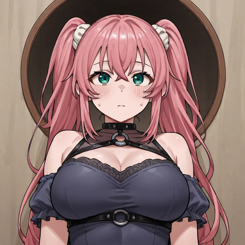 pink hair, long hair, red eyes, large breasts, serious, black dress, strapless dress, short dress, sleeveless, <lora:Kabeume:0.7>