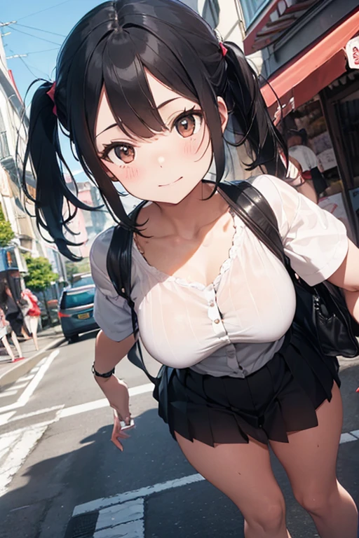 a cartoon of a woman in a pink skirt and white shirt, Oppai, Oppai proportions, (sfw) safe for work, thick, revealing clothing, cyberpunk oppai, touching her clothes, with big breasts, no pixiv, biomechanical Oppai, I'm going to make fanart too, Covered breasts and SFW, of dress