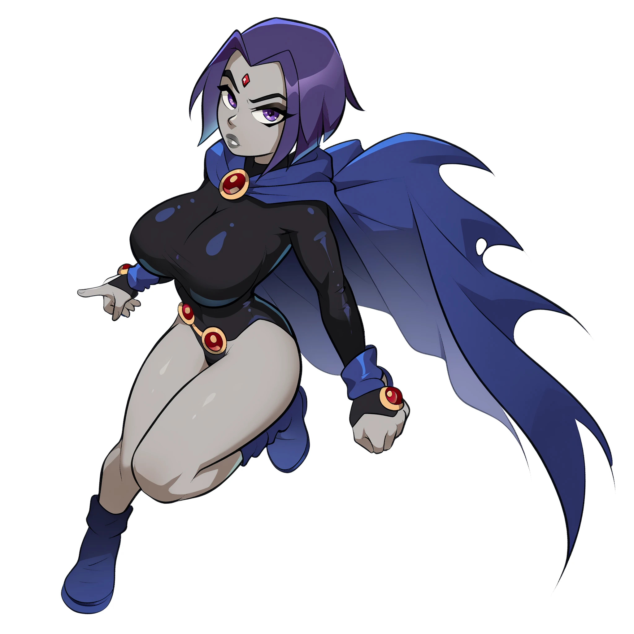 (solo:1.1),(masterpiece), (best quality:1.3),, (ultra detailed), (intricate), professional art, digital art, absurdres, shadraven, (Full body view:1.3), (far away view:1.1), 1girl, solo, (grey skin:1.4), dark purple hair, bob hair, dark purple eyes, hips wider than shoulders, pear shaped body, jewellery, detailed thighs, (thick thighs:1.3), red jewel in forehead, jewels, (long sleeved turtleneck leotard:1.4), (Red jewel Belt), (red jewel brooch), cuffs, small breasts, nipple bulge, (raven long dark purple hooded cape), (Shadraven brooch:1.2), Shadraven jewel belt, Shadraven wearing a long sleeved leotard with a hooded cape and fingerless gloves high heels and waist-high-leggings, (long legs:1.3), ( detailed long thick veiny crotch bulge with veins showing through clothing:1.4), large penis, large testicles, looking at viewer, (side angle frontal view),(bubble butt) , gluteal crease, universal lighting,(Detailed ass),