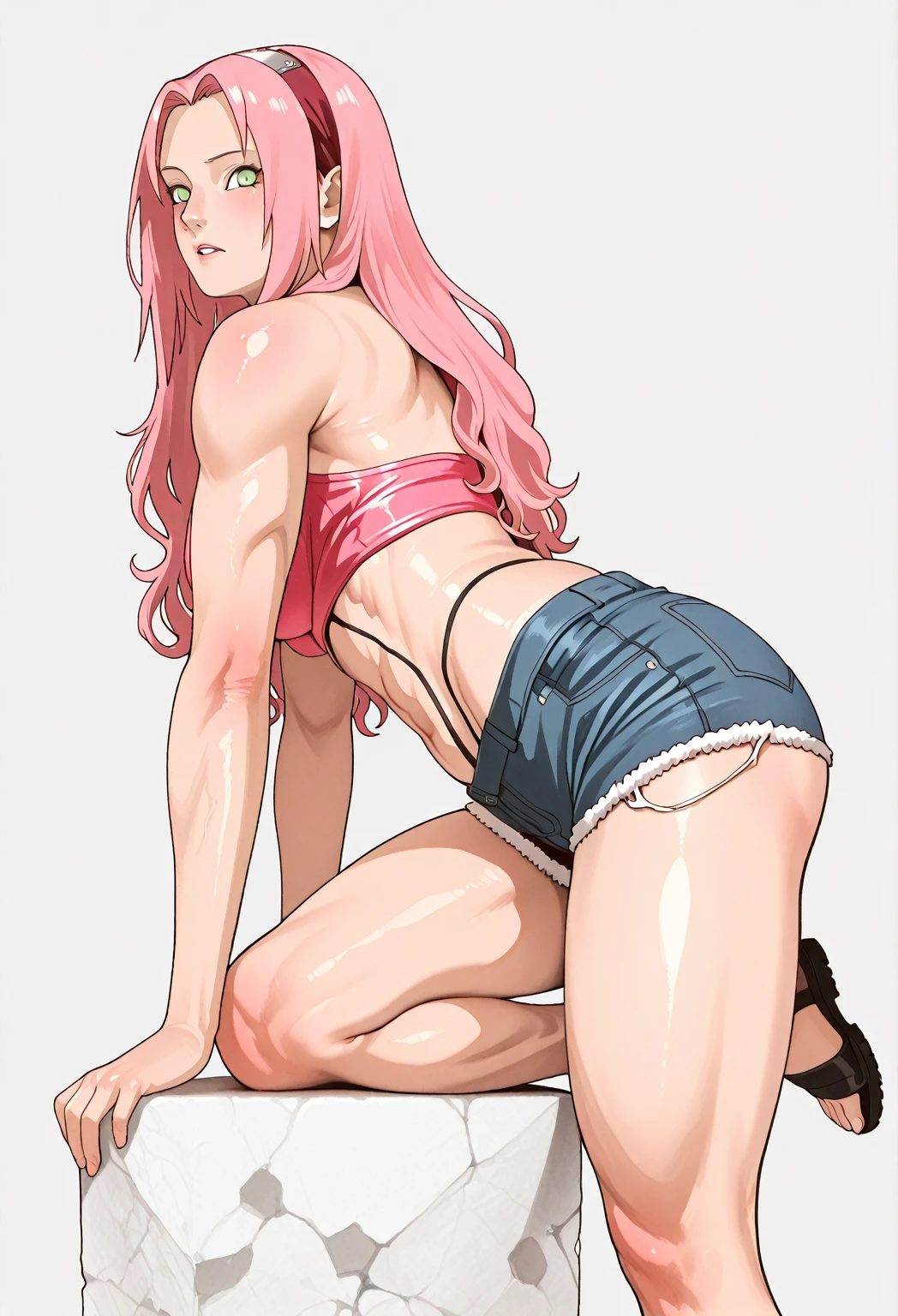 (1 girl), (cara delevingne), young girl, muscular feminine physique, seductive face, seductive look, long pink hair, perfect muscular body, super skinny legs, latex panties, cameltoe, (huge muscular arms:1.25),