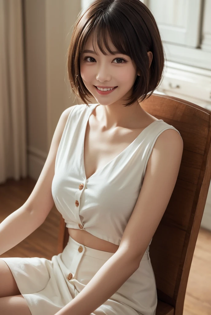 product quality, 1girl, cowboy shot, front view, a Japanese young pretty girl, bob hair, sitting on a chair in a crowded outdoor cafeteria with a big smile, a juice on a table, glamorous figure, busty, wearing a sleeveless white blouse with a collar, wearing black skirt, hyper cute face, glossy lips, double eyelids in both eyes, natural makeup, long eyelashes, shiny smooth light brown hair of bob hair, asymmetrical bangs, tanned skin, central image, high resolution, high detail, detailed hairstyle, detailed face, spectacular cinematic lighting, octane rendering, vibrant, hyper realistic, perfect limbs, perfect anatomy