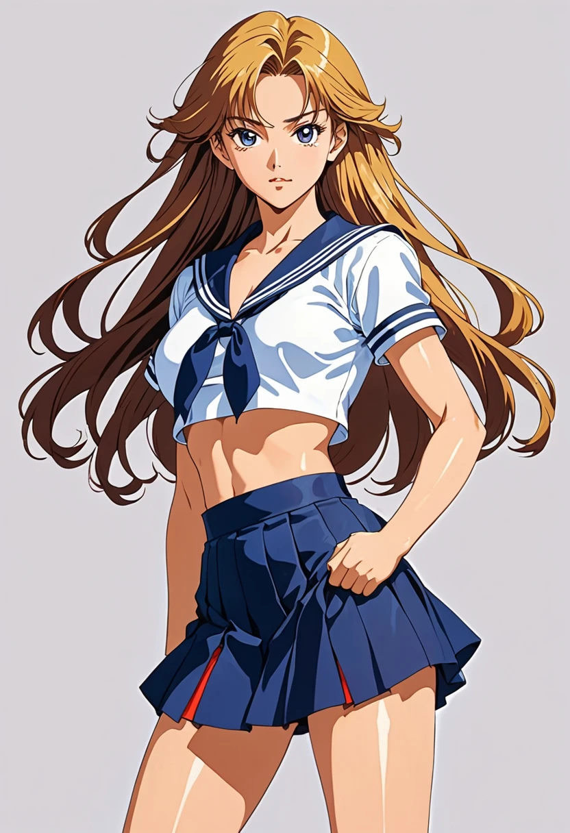 (extremely detailed CG unity 4k wallpaper),(anime coloring),(masterpiece),(best quality),(ultra-detailed),(best illustration),(best shadow),(absurdres),(detailed background), <lora:OGT_Manatsu_Shiraishi-v3:0.8> Manatsu Shiraishi, 1girl, breasts, solo, navel, cleavage, jewelry, school uniform, skirt, long hair, brown hair, blue eyes, nail polish, pleated skirt, gyaru, necklace, serafuku, looking at viewer, midriff, dark-skinned female, shirt, underwear, bra, dark skin, bracelet, large breasts, blue skirt, white shirt, outdoors, collarbone, high ponytail, tan, smile, closed mouth,â