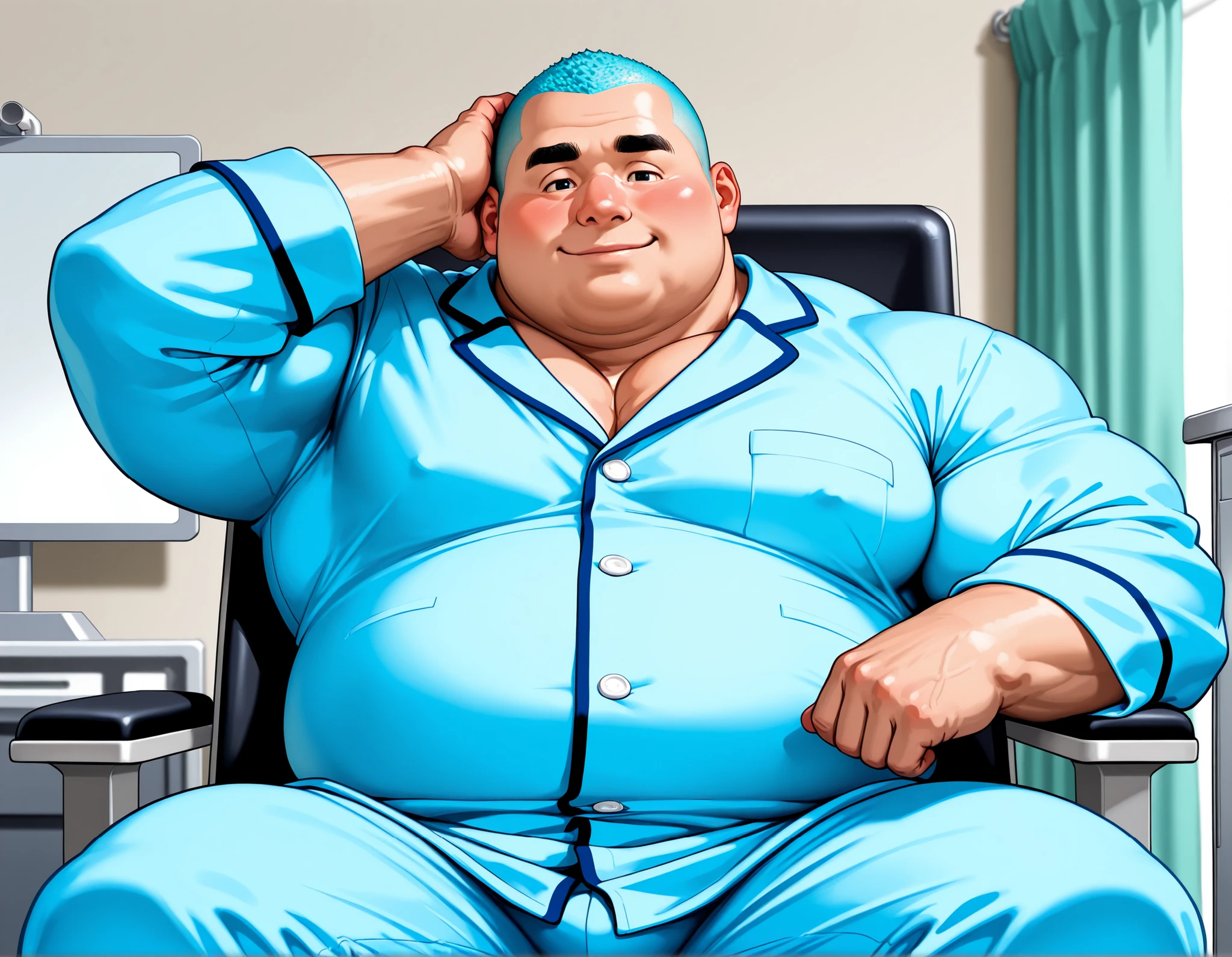 A middle-aged fat man，Heavy breathing, Grab your crotch from above, Wear a white hospital gown, White short hair, (obesity: 0.5), 50 years old, bookworm, Ruddy complexion, Sit in front of a screen, Opposite, In a hospital bed， Casual Thin Hair, Thick neck，Fat face, sweat, Solitary, Asia,