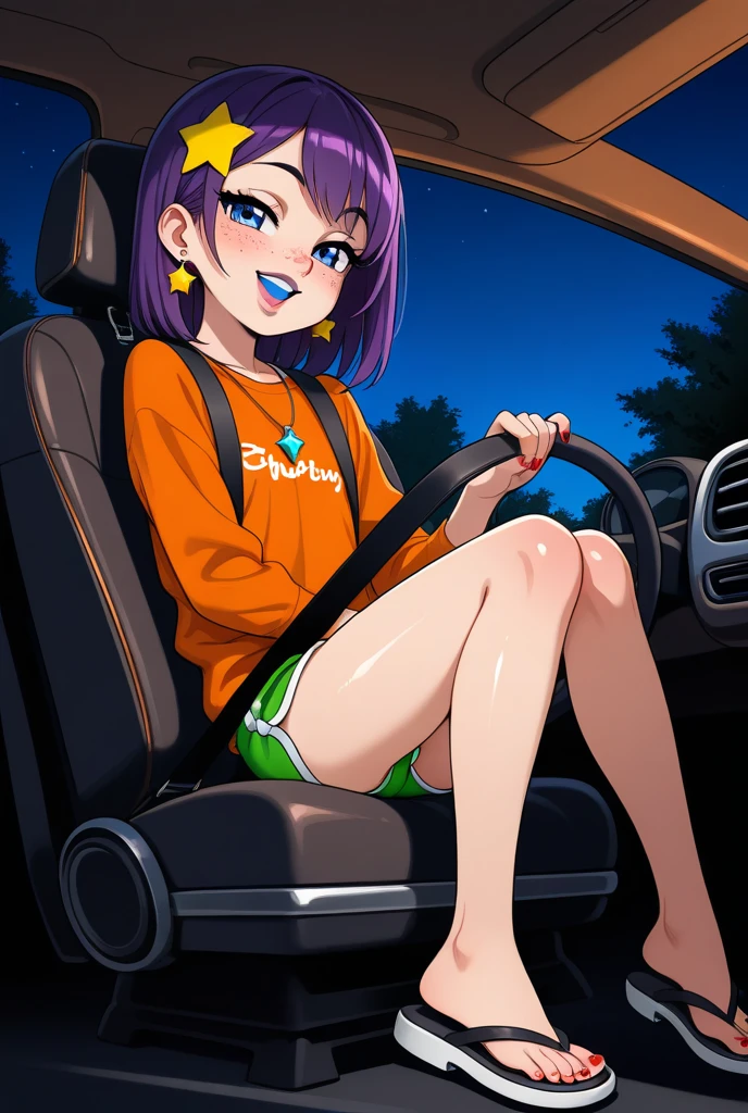 monsg, ponytail, bangs, hair bobbles, green eyes, flat chest, insanely detailed, beautiful detailed face, beautiful detailed eyes, masterpiece, best quality, extremely detailed, high quality, highly detailed, nude, red hair, short girl, aged down, smile, flat chested, male chest, indoors, masterpiece, best quality, shiny white closed toe heel shoes, covered toes, diamond anklets, aroused expression, seductive, seductive eyes, seductive smile, car interior, sports car, her whole body is visible, glowing eyes, cityscape, night, night sky, legs, smooth legs, seductive pose