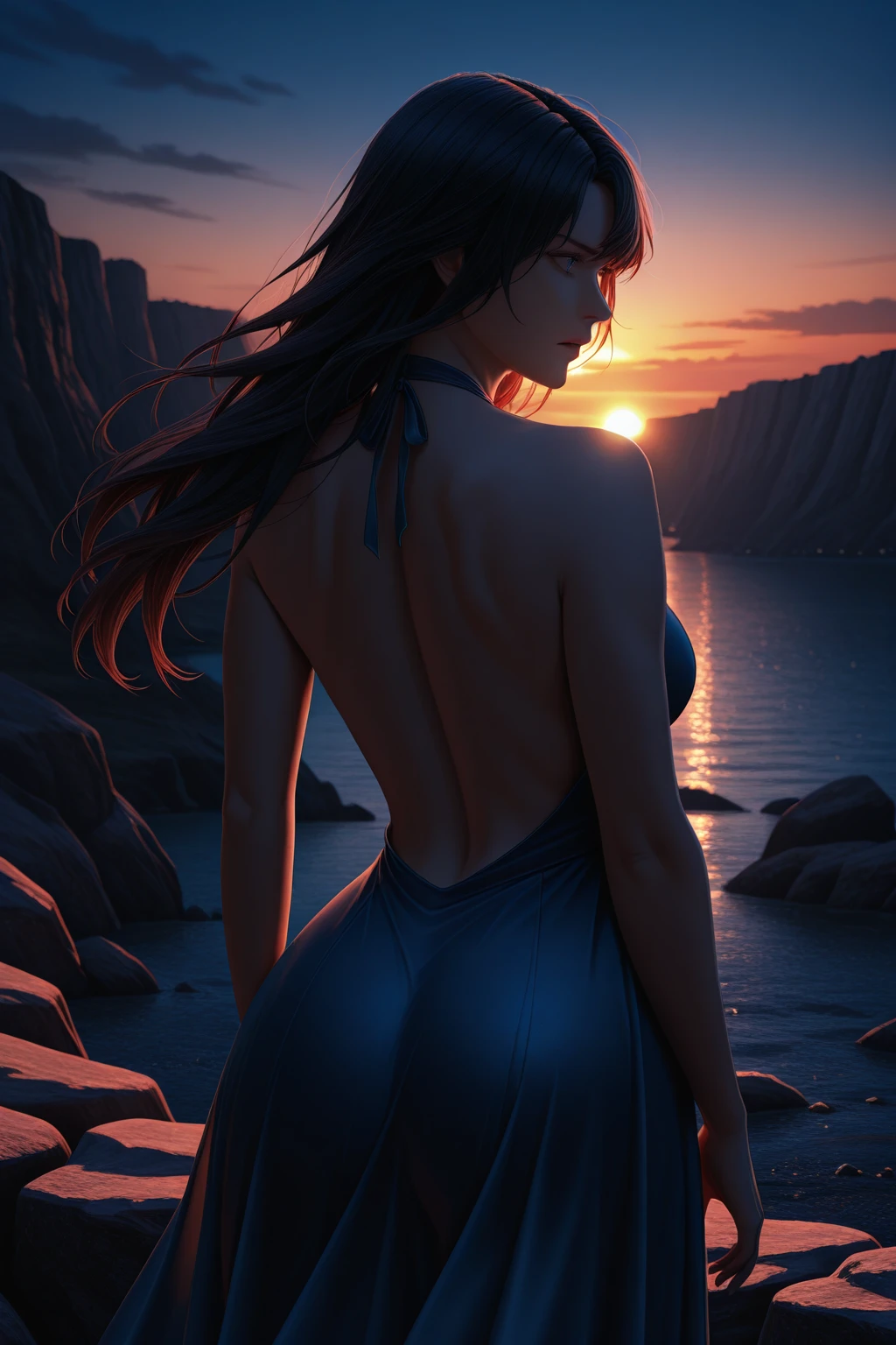 NSFW, 8K,High -level, absurd, masterpiece, best quality, primitive, very detailed CG, very detailed wallpaper, VolumetricLighting, LifeLike Shading, Extremely detailed (((The personification of Red Moon))), RoundlyButts, ThighGap, MysticSight, Tyndall effect, Tyndall scattering, (Acutance:0.86), (EXPOSED:0.75), (ZoomedOut, Assfocus, From diagonally behind:1.6), from below, She Standing at Sky Above clouds, Looking down colored clouds, Starly Dusk Sky, Stars, Meteors, RainbowColored Curved Horizon, (Don't look back:2)