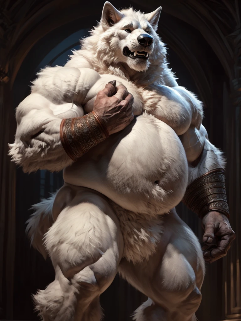 Fluffy Polar Bear、Very huge muscles、Full body polar bear fur、Pure white loincloth、A very large inflated loincloth、Lots of pubic hair、Very long armpit hair、Composition looking up from diagonally below、Roaring Polar Bear、Concrete Background、Pose with both hands raised up、Long body、very short legs、Sharp claws on the toes、Hairless head、Howling pose、Upward facing face、Very long and profuse armpit hair、Polar bear tail