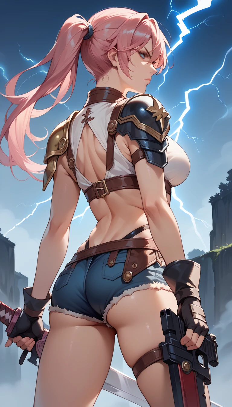 ((masterpiece)),((best quality)),ultra-detailed,illustration,wallpaper,ultra highres,4K,photography,shiny skin,BREAK,1girl,solo only,brown eyes, pink hair, long hair, ponytail, parted bangs, circlet, headband, armor, blue leotard, fingerless gloves, sash, asymmetrical clothes, asymmetrical legwear, armored boots, pink footwear,BREAK,blush smile,in heat,standing,open stance,bottomless,cameltoe,pussy juice stain,BREAK,from behind,cowboy shot,looking at viewer,forest