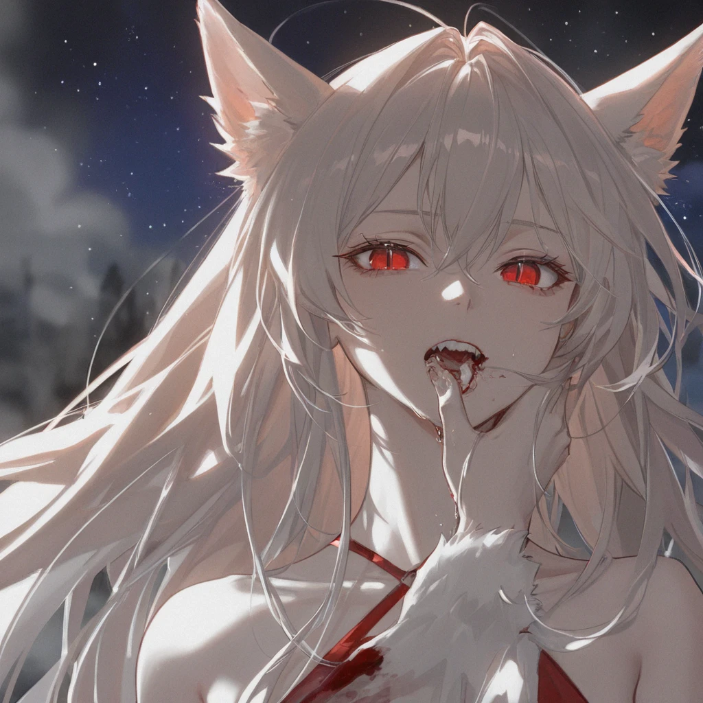 Werewolves，beast ear，Lovely look，Delicate facial features，Pure desire，Be red in the face，Sense of brokenness，Lori huge breasts cleavage，Gray hair，Expression tsundere