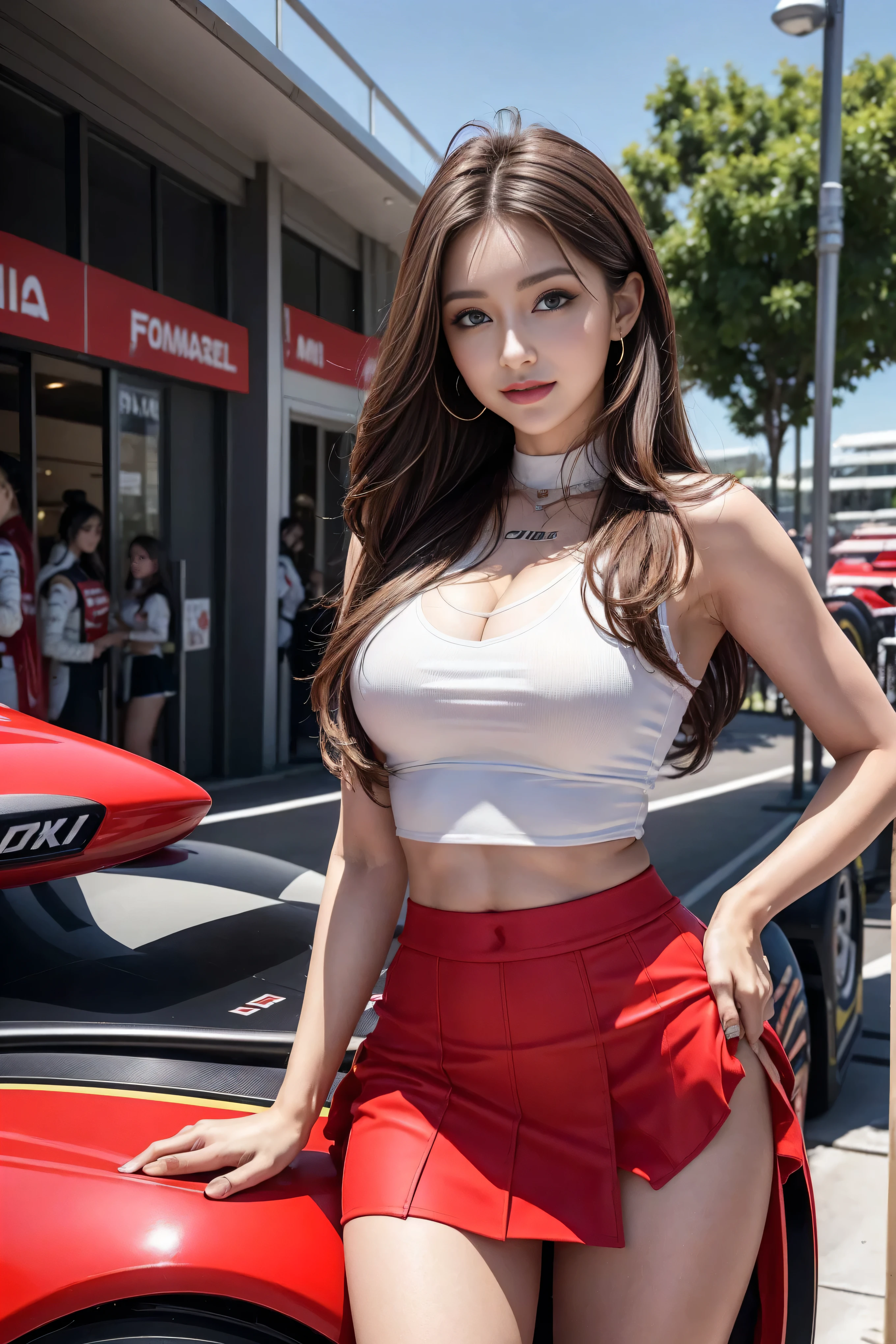 (masterpiece), ( MotoGP Racing Girls), (Eyeliner:0.5),(blush:0.5), Black Hair, A faint smile, Refers to a beautiful and delicate girl, Extremely detailed eyes and face, Beautiful and delicate eyes, , ((MOTOGP events)), (MotoGP track background), (best quality, high resolution, Reality, original, 8K,masterpiece, ),(((Dynamic poses))),(((Mid-abdomen peek))),(((Show under chest ))),(((Red Mini Skirt Lift))),(((Bare inner thighs))),(((Formula One car on display))), (Bright colors:1.2), (Beautifully),