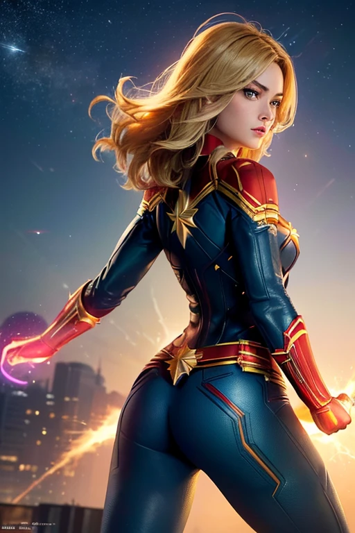 (masterpiece, best quality, photorealistic, cinematic, ultra-detailed, 8k), ((wide shot, from behind)), ((perfect body, perfect anatomy, nice hands, medium cleavage, long round legs, round ass1.5)), (fighting stance), (imagine Brie Larson as Captain Marvel, radiating an aura of cosmic power and confidence), (her golden-blonde hair flows with an ethereal glow, framing her strong yet delicate features), (her cobalt-blue eyes gleam with an otherworldly intensity, hinting at the vast cosmic energies coursing through her).
(Captain Marvel's distinctive red and gold suit fits her like a second skin, accentuating her athletic and powerful physique), (the red sash that drapes around her waist flutters with an almost surreal sense of movement, hinting at her incredible speed and agility).
(her star-emblazoned chest plate gleams with a brilliant, metallic sheen, and the iconic gold star symbol at its center shines with a radiant luminescence), (the suit's sleek design and intricate details highlight her status as a cosmic protector).
(Brie Larson's expression exudes determination and strength, with a hint of a confident smile on her lips), (her strong jawline and high cheekbones emphasize her unwavering resolve).
(Captain Marvel's outstretched hands, adorned with glowing energy gauntlets, crackle with cosmic power, ready to unleash her photon blasts), (her boots, sleek and practical, seem to defy gravity, emphasizing her ability to soar through the skies and across the cosmos).
(behind her, a backdrop of swirling interstellar nebulae and cosmic energies further reinforces her connection to the vastness of the universe and the immense power she wields as Captain Marvel)