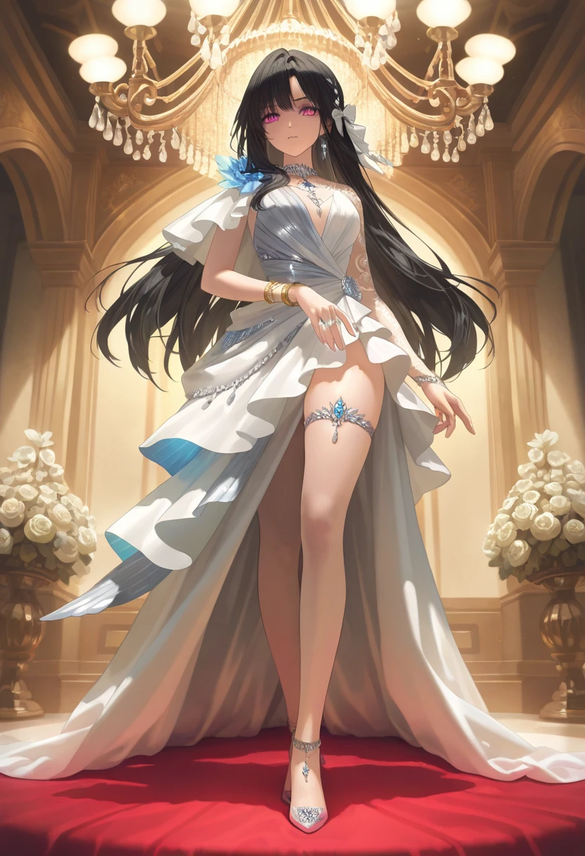 long hair, black hair, medium breast, slim legs, happy, white gown, cleavage, royal, skirt, rin tohsaka, twin tail, navel, palace