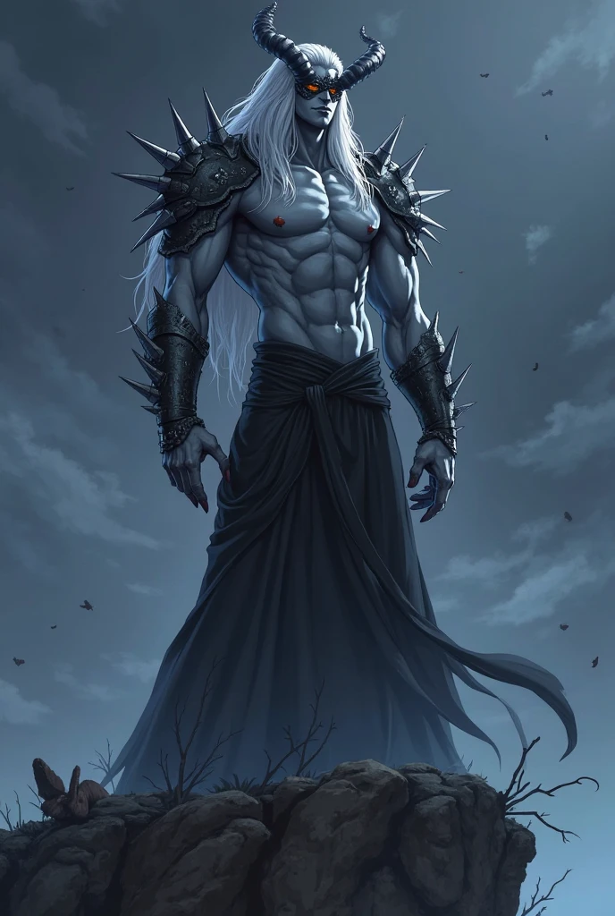 "scary giant humanoid creature with a long gray hair, his eyes are color green, muscular, amulets around his waist smoking a cigarette, reclining on a weathered, towering tree with a dark backdrop, smoke billowing around, emphasizing the detailed shadow, in high resolution and hyperrealistic style."