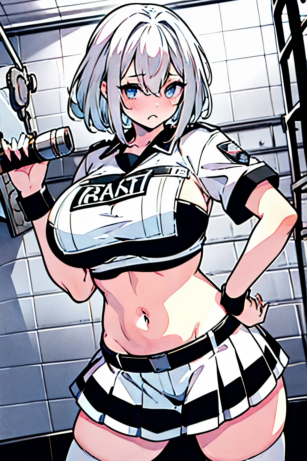 1个Giant Breast Girl, Alone, wolf women, Wolf ears, short eyebrows, beast ear, purple nails, white skinned, , (eye hair:1.1), eye socket, Pupils in pink color, silber hair, spiky, Short hair details, asymmetricalbangs, pigtails, (police officers:1.4), (:1.2), (Asus:1.2), (Hair fan), light blush, Open-top coat, you will be eaten, Side breasts, Camera, Webcast, Live broadcast,(cow boy shot:0.8 ), (expression), ((Data sheet)), (annotated:1.4), ((Clothing drawing)), ((((how to)))), (text:1.4), (glute:1.6)