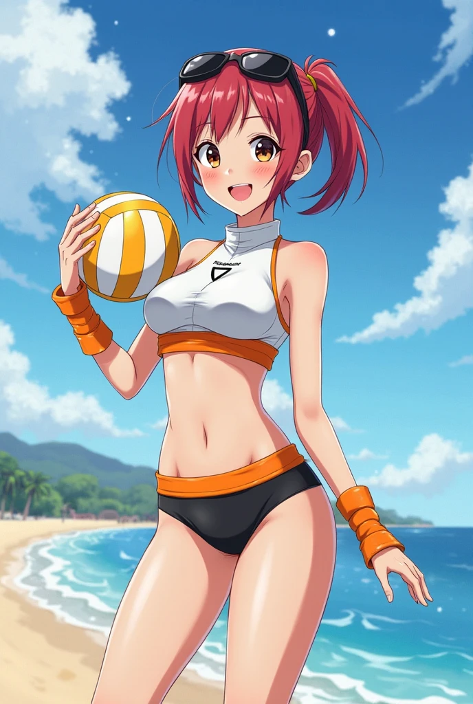 ((female)), (very messy hair), (sorriso feliz), Barragens, ((abdominais rasgados)), Toned arms and legs, peitos pequenos, Suor excessiva, (Summer beach scenery), olhos bem azuis, standingn, bare-legged, pernas musculosa, pernas definidas, ((fotografia de corpo inteiro))