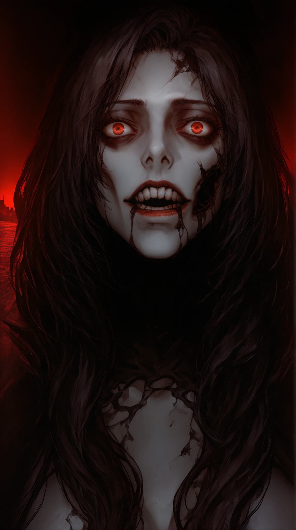 (Masterpiece, Best Quality:1.2),Sea of Blood Background, highly detaild, Colorful black, 1 Girl, cool face, Illustration, Horror art, terror, creepy, 血,A Beautiful Form of Chaos,Mermaid Beautiful Face,  graceful, a brutalist designed, vibrant colours, romanticism, rolling_eyes,Evil Mermaid Siren,Bloody and sexy,Gray-green skin, Straight black hair soaked in blood, sharp teeth, Frantic laughter, Atmospheric, trending on Artstation. 8K Masterpiece, ((symmetry)), death, rot, colored background, highly detaild, cool face, Illustration, Horror art, terror, creepy, 血,