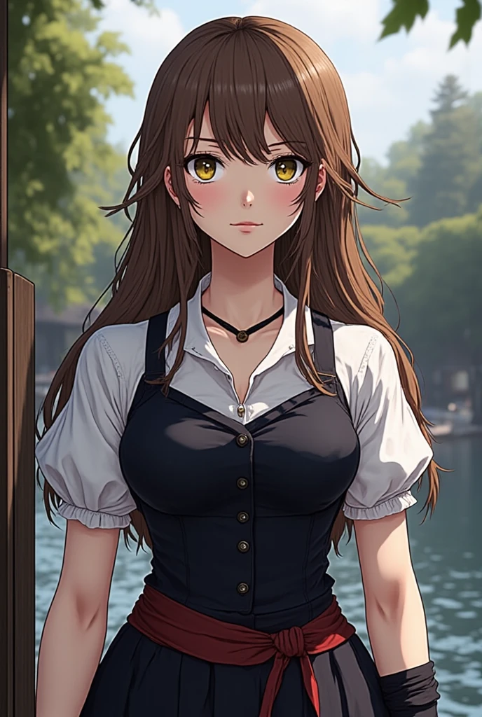 ((Highest quality)),(超High resolution),(Very detailed),(Detailed Description),((The best CG)),(masterpiece),Ultra-detailed art、(Highest quality、8k、32K、masterpiece)、(Realistic)、(Realistic:1.2)、(High resolution)、Very detailed、Very beautiful face and eyes、1 female、((:1.3))、Tight waist、Delicate body、Big Breasts、(Highest quality、Attention to detail、Rich skin detail)、(Highest quality、8k、Oil paints:1.2)、Very detailed、(Realistic、Realistic:1.37)、Bright colors、((Yellowish brown hair:1.3、Chignon Hair:1.8、Brown eyes、Big Breasts、Natural Makeup、Outdoor Background、A white blouse that accentuates her cleavage、Black tight skirt、Knee-length、stockings、Black leather loafers))