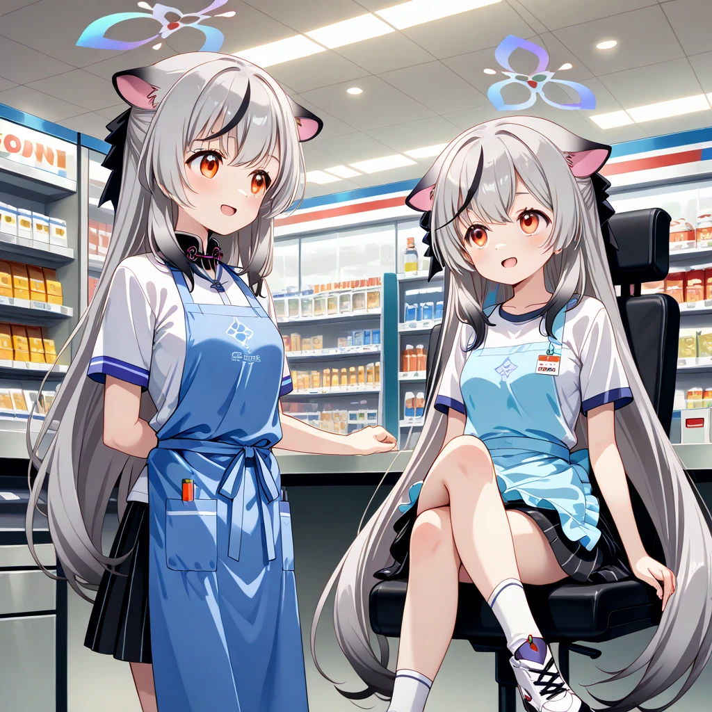 obra maestra, best quality, Highres, only 1 girl , ZzKokona, orange eyes, grey hair, long hair, multicolored hair, animal ears, streaked hair, black hair, halo, very long hair, tiger ears , Blue Apron ,white shirt, skirt, white socks, sneakers , happy expression,pose seated in a futuristic chair with crossed legs, en la mesa registradora, looking directly at the viewer, making strong eye contact, small breasts, close view, close-up portrait, background of futuristic convenience store.